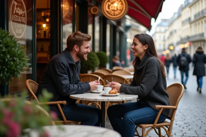Couple en terrasse de café parisien savourant des croissants et des cafés dans une ambiance bistrot authentique