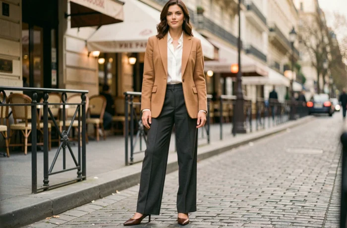 Femme élégante en blazer camel et pantalon large dans une rue pavée parisienne, style mode automne tendance