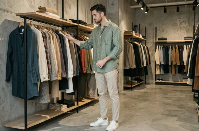 Homme tendance en chemise lin vert sauge et chino ecru dans une boutique mode contemporaine, style minimaliste élégant