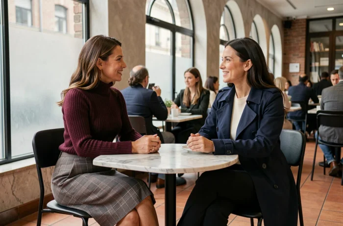 Deux femmes élégantes en tenues tendance contrastées dans un café parisien chic, mode automne-hiver style éditorial