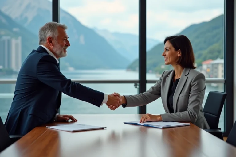 Poignée de main entre un vendeur et un acheteur lors de la cession d'une entreprise à Annecy avec vue sur le lac en arrière-plan